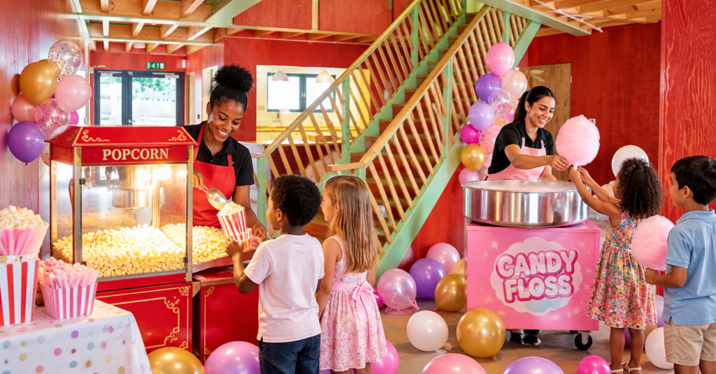 Kids being served popcorn and candy floss. Image generated by AI
