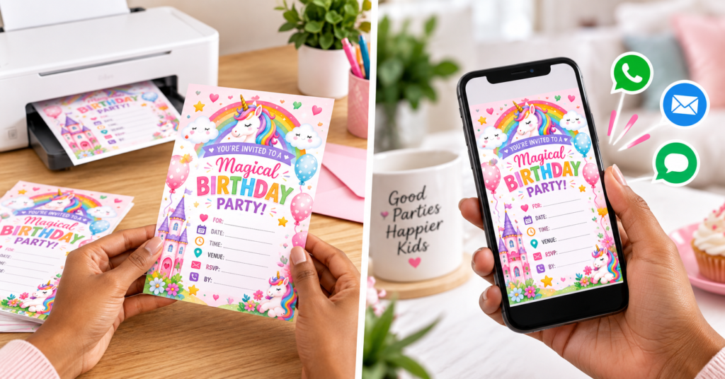 Birthday invitation. Digital invites or printable invite example. Image generated by AI