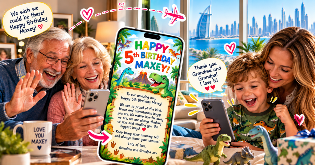 Grandparents sending grandchild personalised message. Image generated by AI