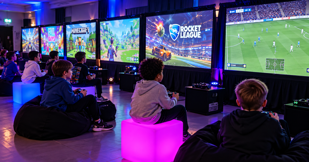 Kids at gaming party. Image generated by AI