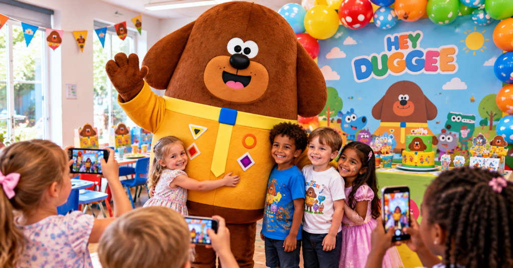 Hey Duggee mascot taking pictures with kids. Image generated by AI