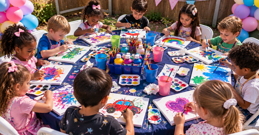 Kids painting at art party. Image generated by AI