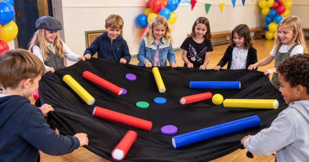 Kids playing with robotics at party. Image generated by AI