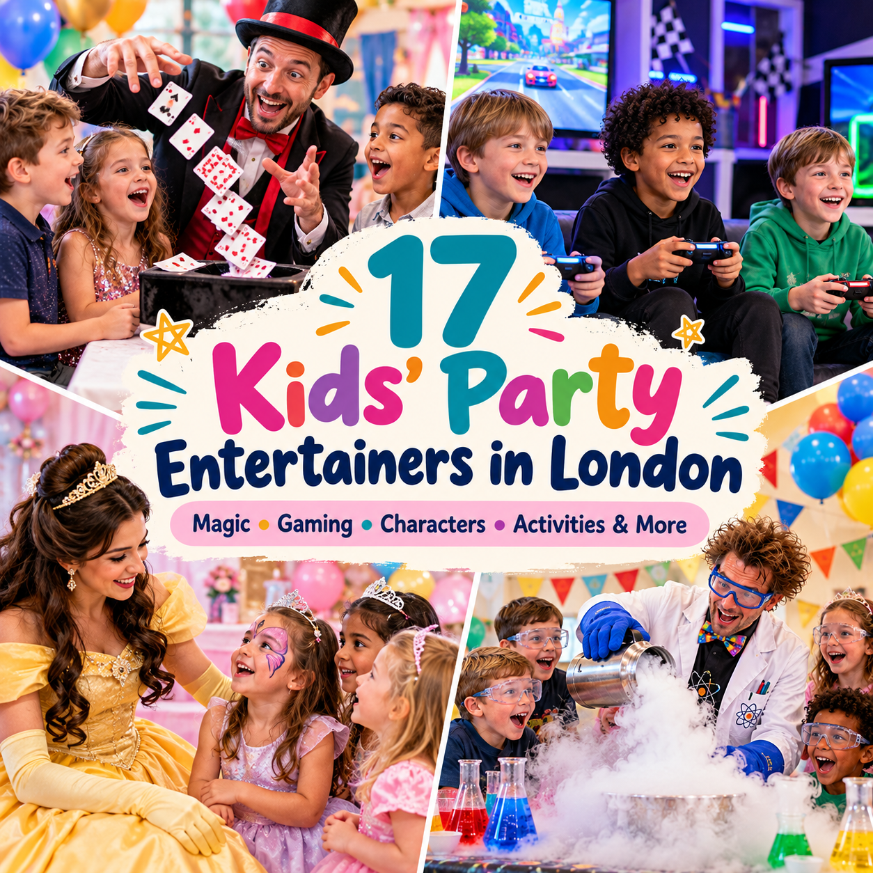17 party entertainers. Image generated by AI