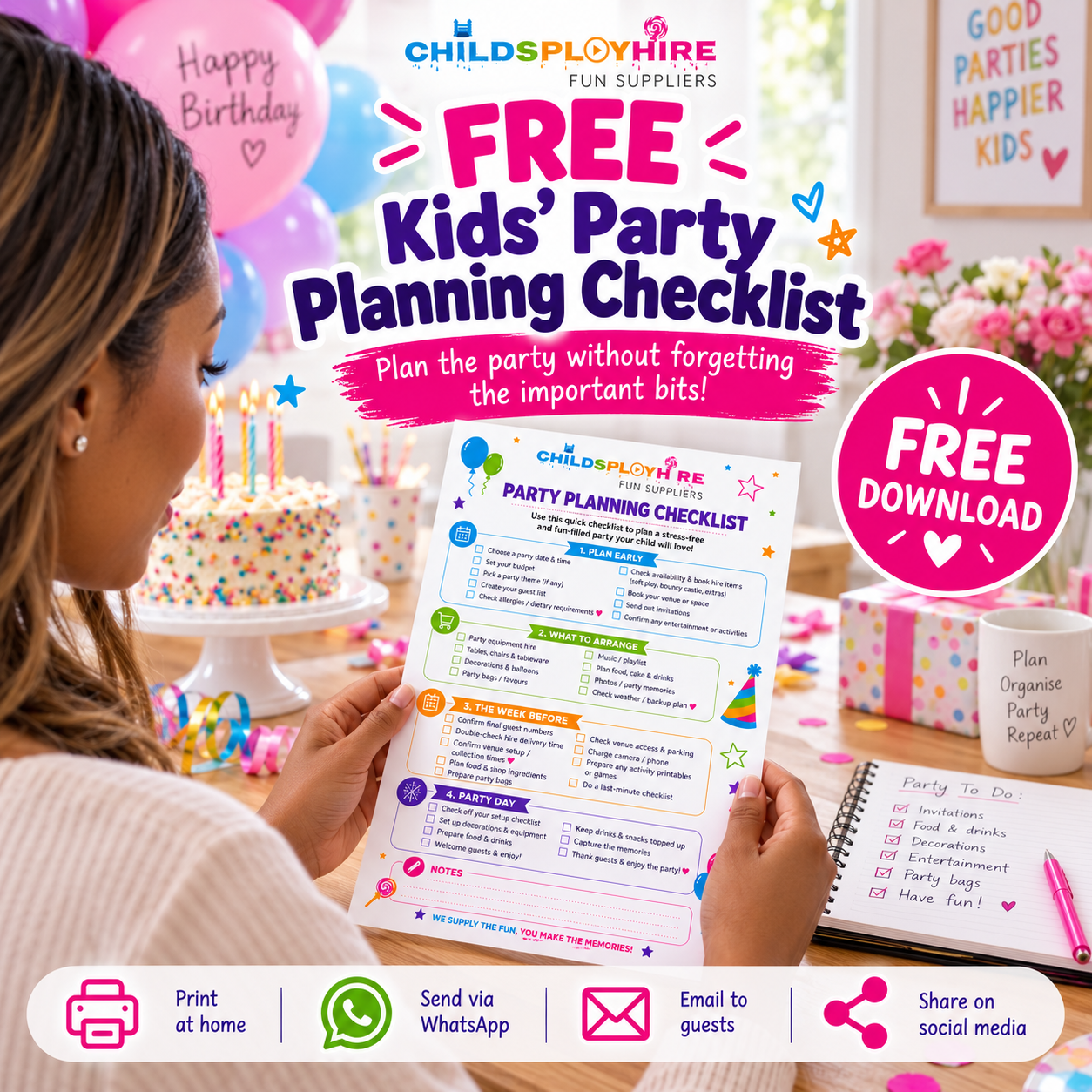 woman looking at Childsplay Hire FREE Party Checklist. Image generated by AI