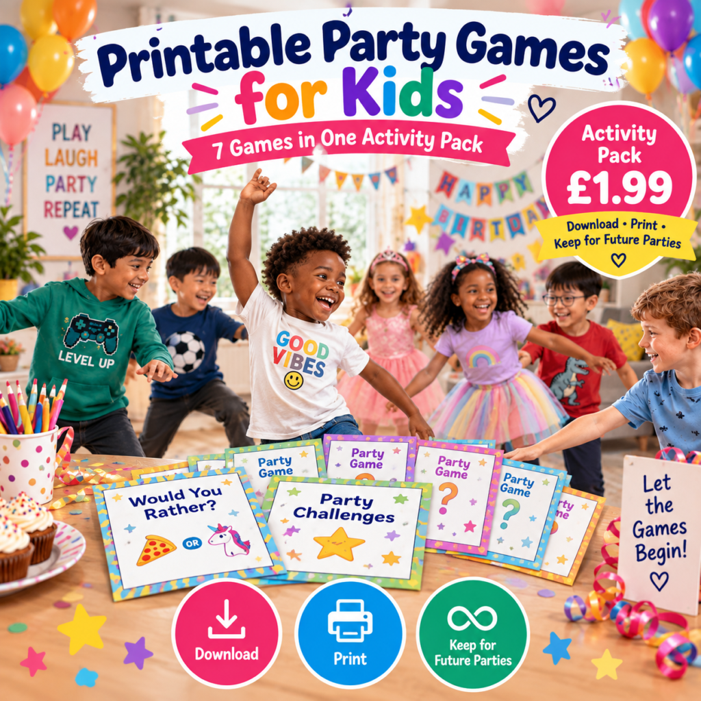 Printable Party Activity Games Pack. Image generated by AI