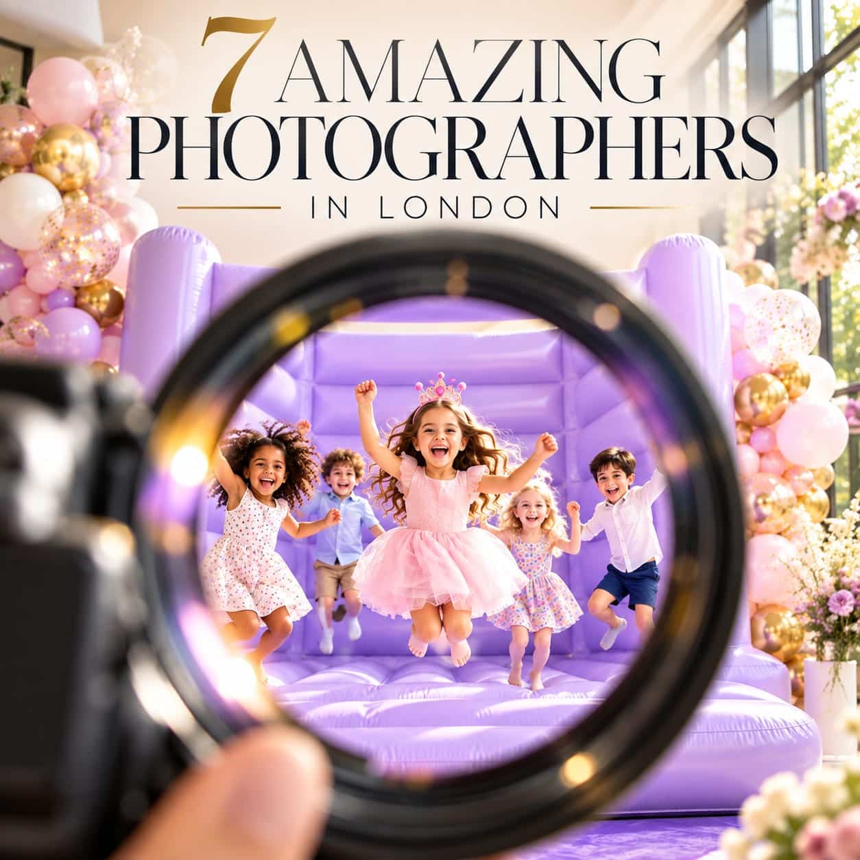 Kids jumping on bouncy castle through camera lens. Image generated by AI