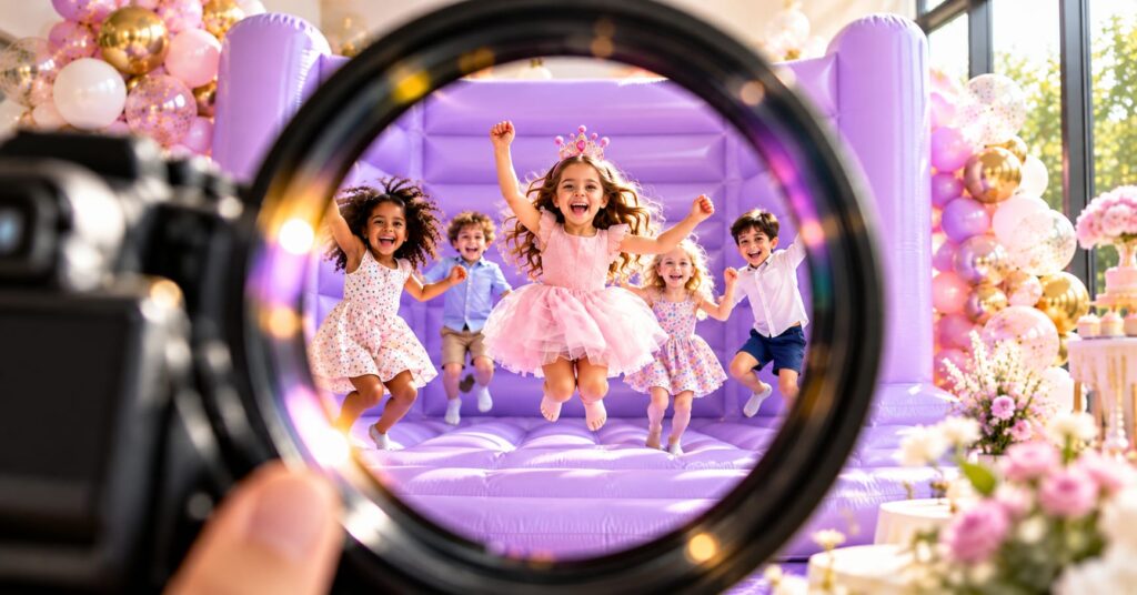 Kids jumping on lilac bouncy castle. Image generated by AI