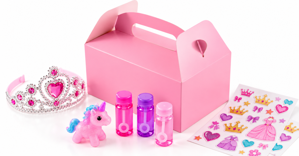 Light pink party box with gift accessories. Image generated by AI